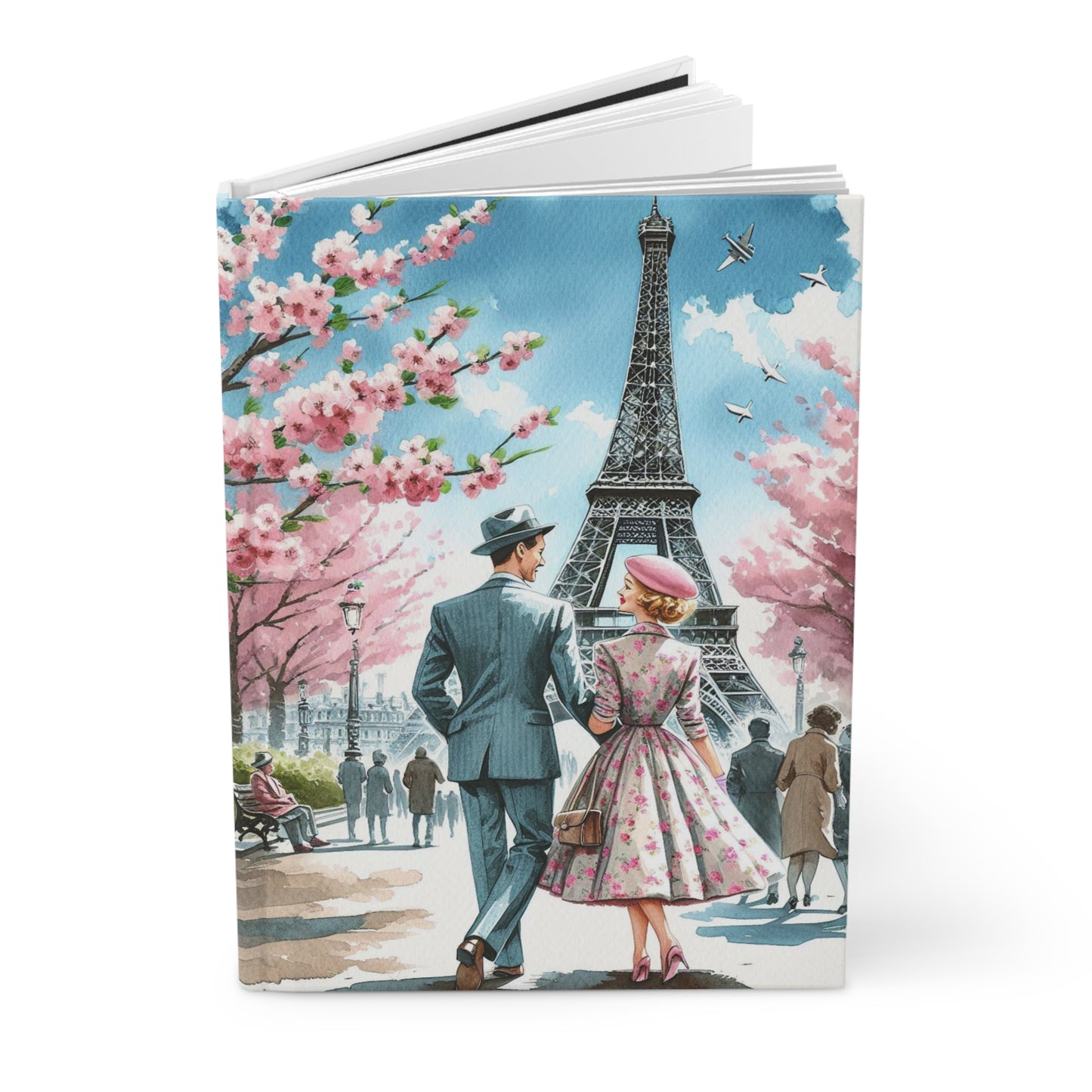 Paris France Cherry Blossom Eiffel Tower Hardcover Journal Diary Notebook Stationery, Planner Writing Journal, Bullet Journal, Vintage Style