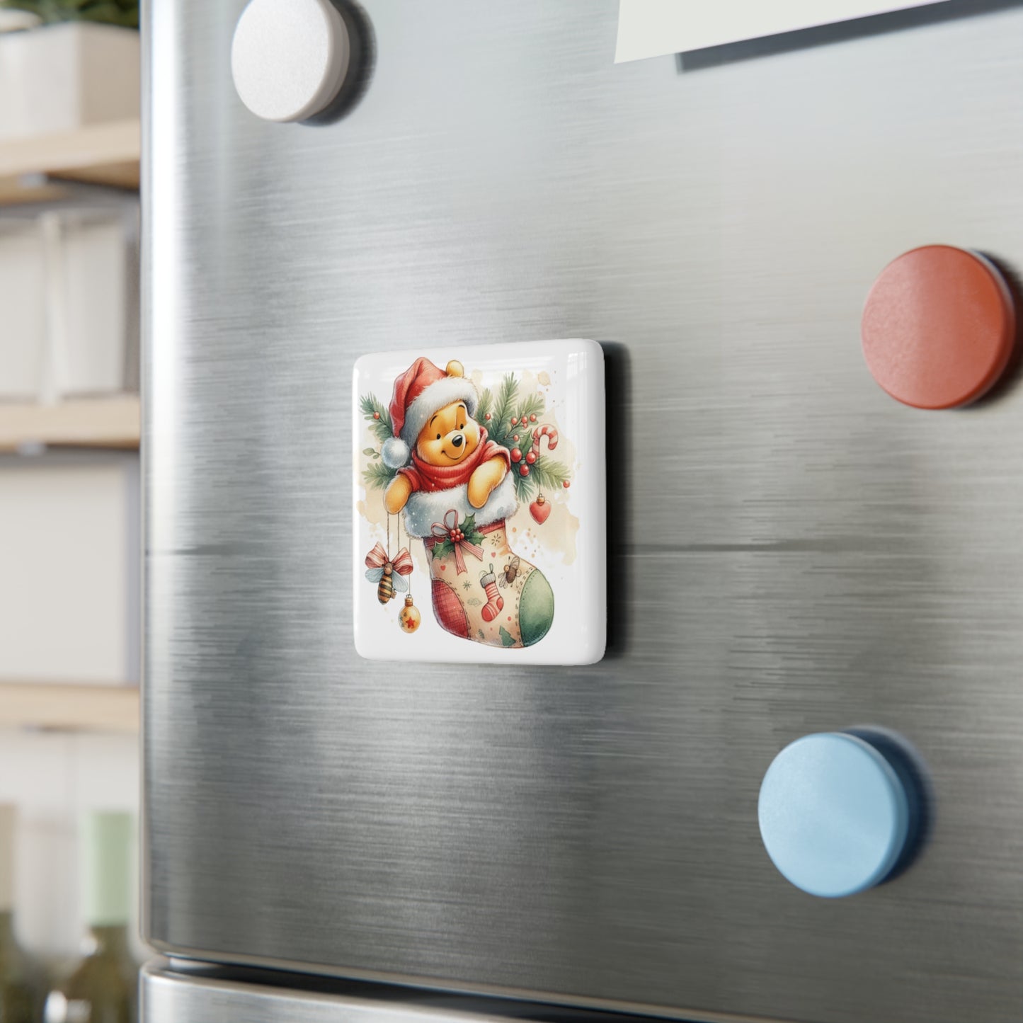 Porcelain Magnet, Festive Winnie the Pooh Christmas Holiday Decor, Stocking Stuffers, Gift Ideas, Winter Cheer, Square Magnet, Refrigerator