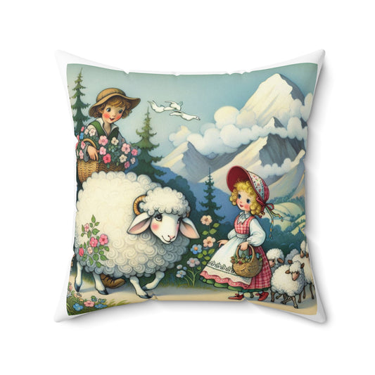 Vintage Style Nursery Rhyme Sheep Square Pillow, Book Nook Cushion for Library Decor, Little Bo Peep Gift