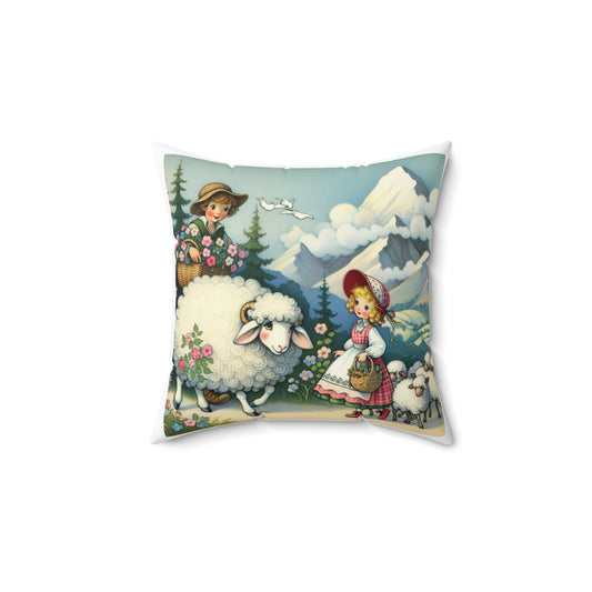 Vintage Style Nursery Rhyme Sheep Square Pillow, Book Nook Cushion for Library Decor, Little Bo Peep Gift