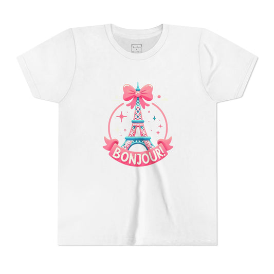 Bonjour Eiffel Tower Youth Tee, Cute Kid Shirt, Paris-Themed Apparel, Birthday Gift for Girls, Summer Fashion