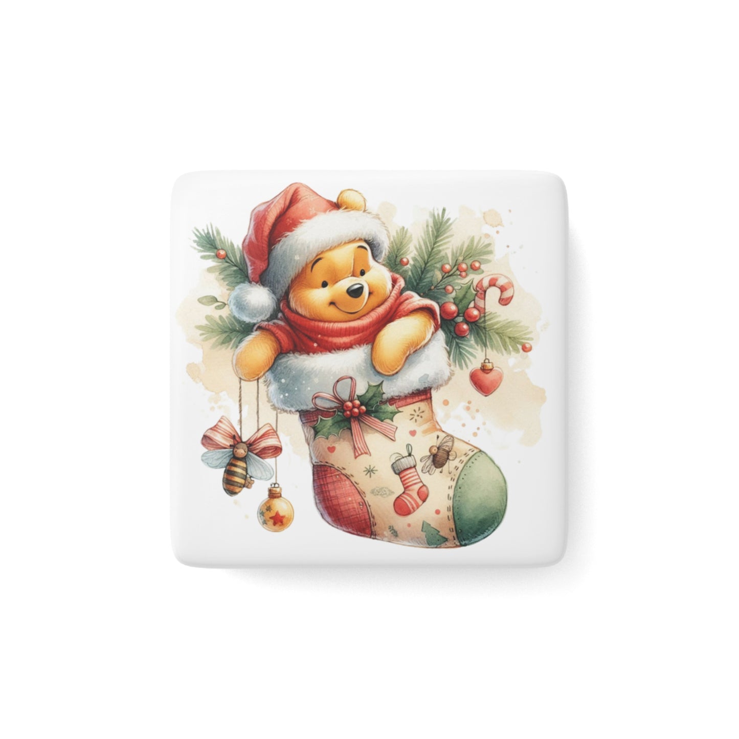 Porcelain Magnet, Festive Winnie the Pooh Christmas Holiday Decor, Stocking Stuffers, Gift Ideas, Winter Cheer, Square Magnet, Refrigerator