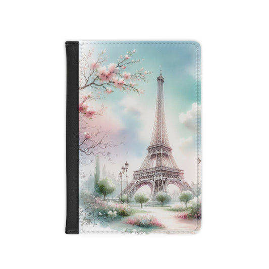 Eiffel Tower, Watercolor, Spring, Cherry Blossom, Paris France,  Passport Cover, Gift Travel Accessory Holder Wallet Organizer Case,