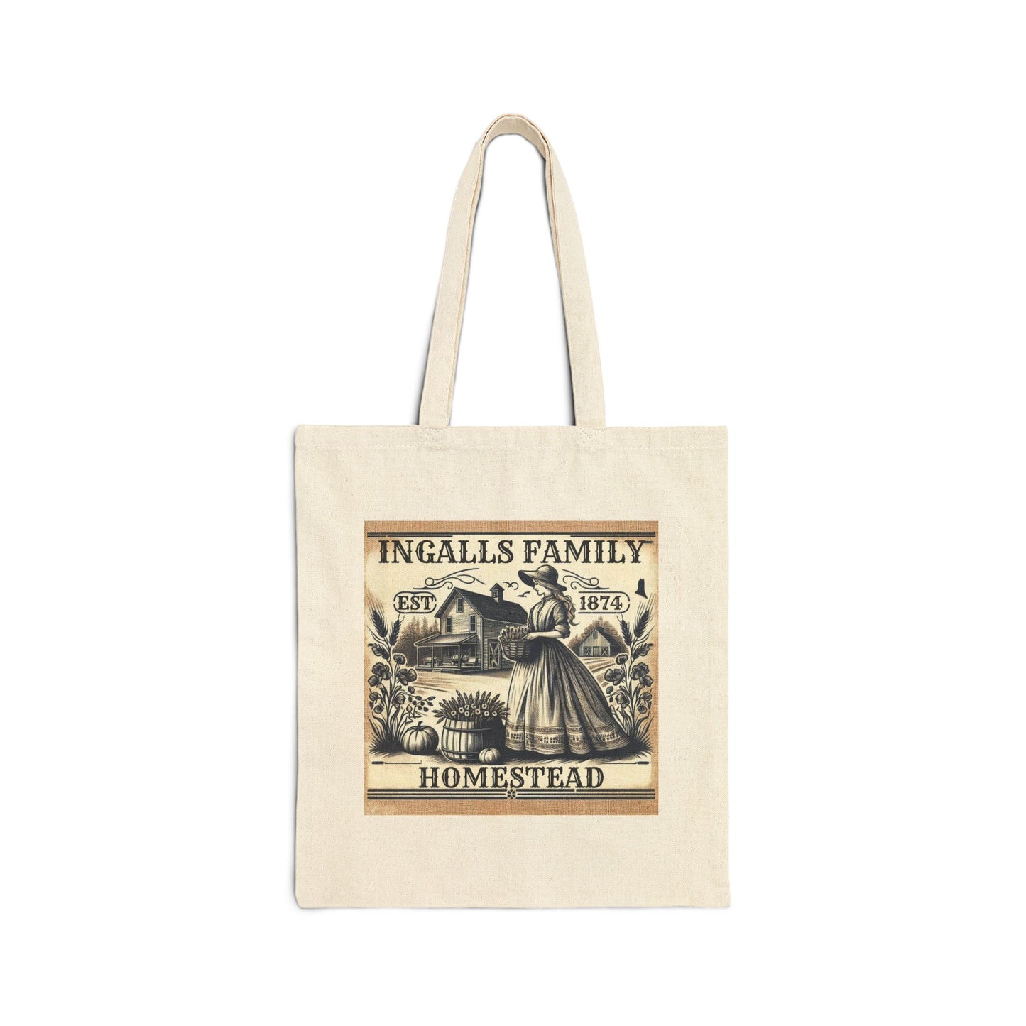 Laura Ingalls Wilder Cotton Canvas Tote Bag, Walnut Grove Antique Inspired Prairie Life Homestead
