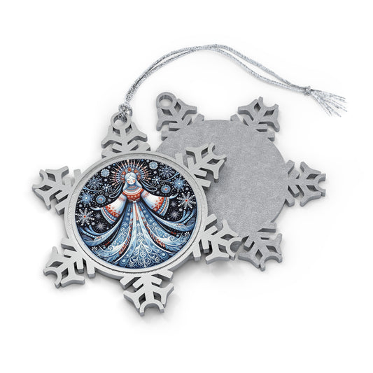 Pewter Ornament, Snowflake Decoration for Christmas Tree, Fairy Tale Winter Holiday Folk Art, Snow Queen Gift Tag, Pewter Snowflake Ornament