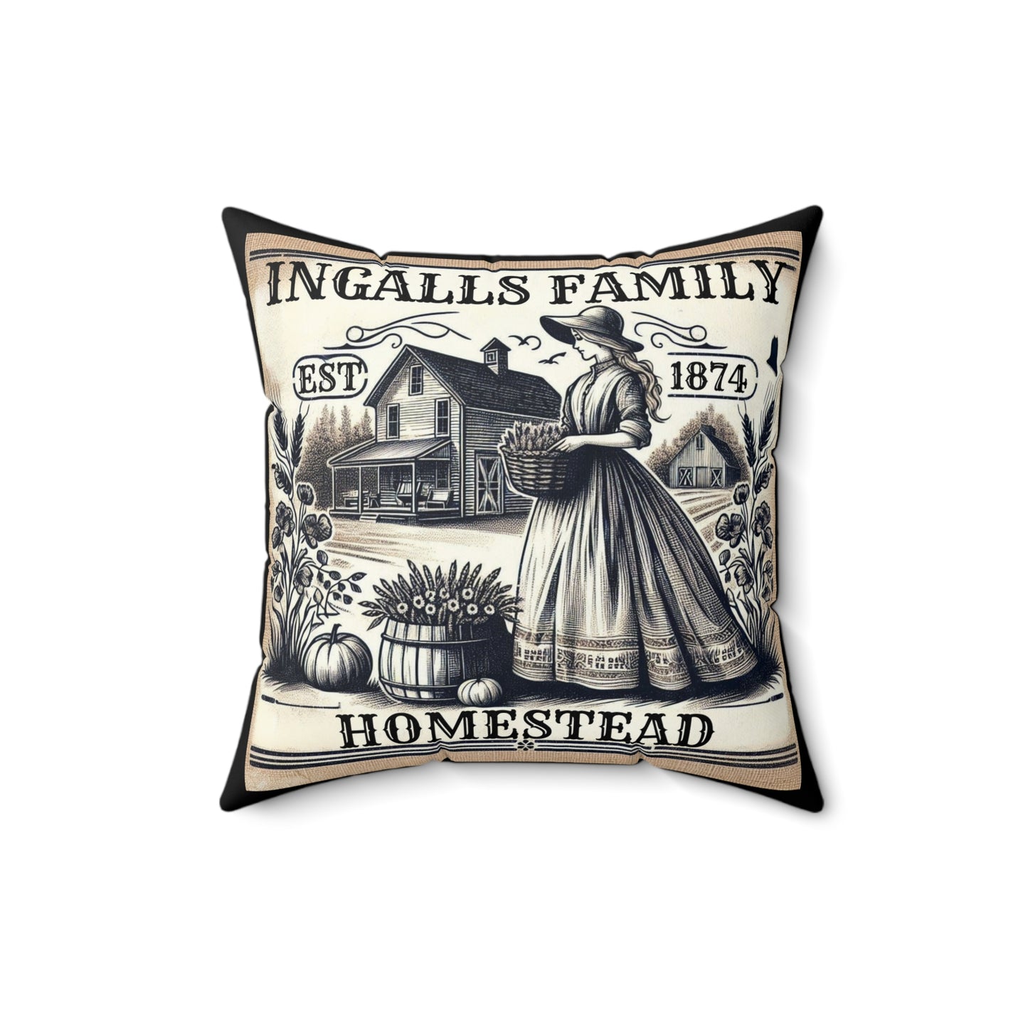 Laura Ingalls Wilder Prairie Life Square Pillow, Antique Farm Homestead Walnut Grove Decor, Spun Polyester Cushion, Home Accent, Gift for