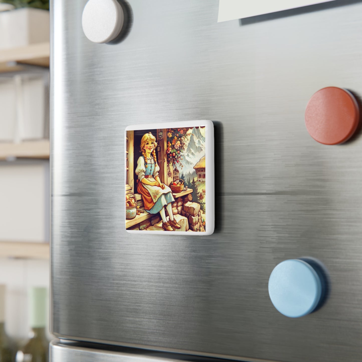 Heidi Swiss Alps Literary Porcelain Magnet Square, Gift Stocking Stuffer, Johanna Spyri, Literature, Novel, Souvenir, Fridge Decor