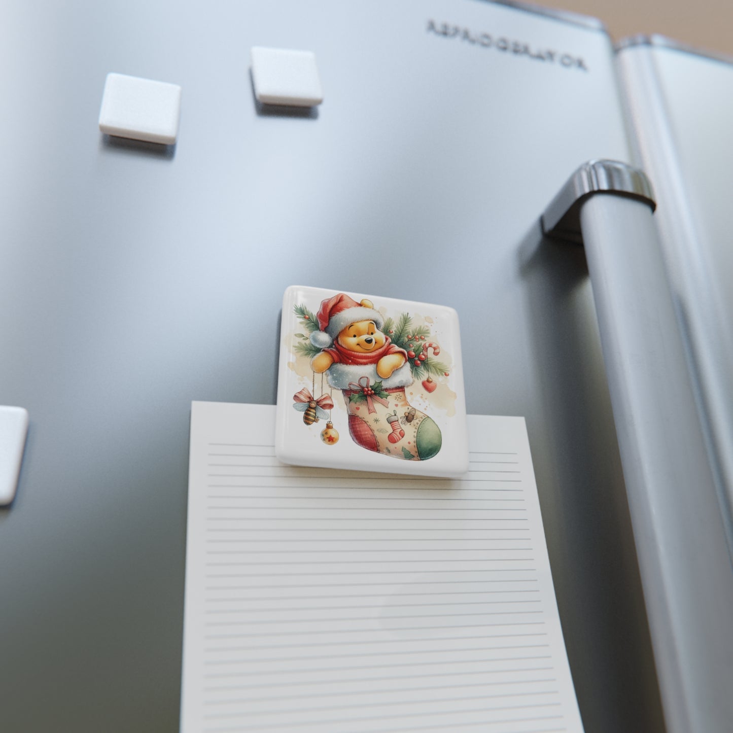 Porcelain Magnet, Festive Winnie the Pooh Christmas Holiday Decor, Stocking Stuffers, Gift Ideas, Winter Cheer, Square Magnet, Refrigerator
