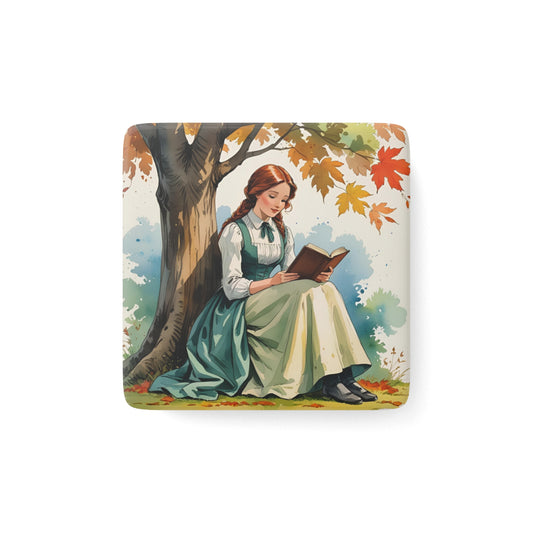 Porcelain Magnet, Vintage Style Anne of Green Gables Fall Reading Colored Square, Nature Decor, Autumn Gifts, Home Office Decor, Fridge