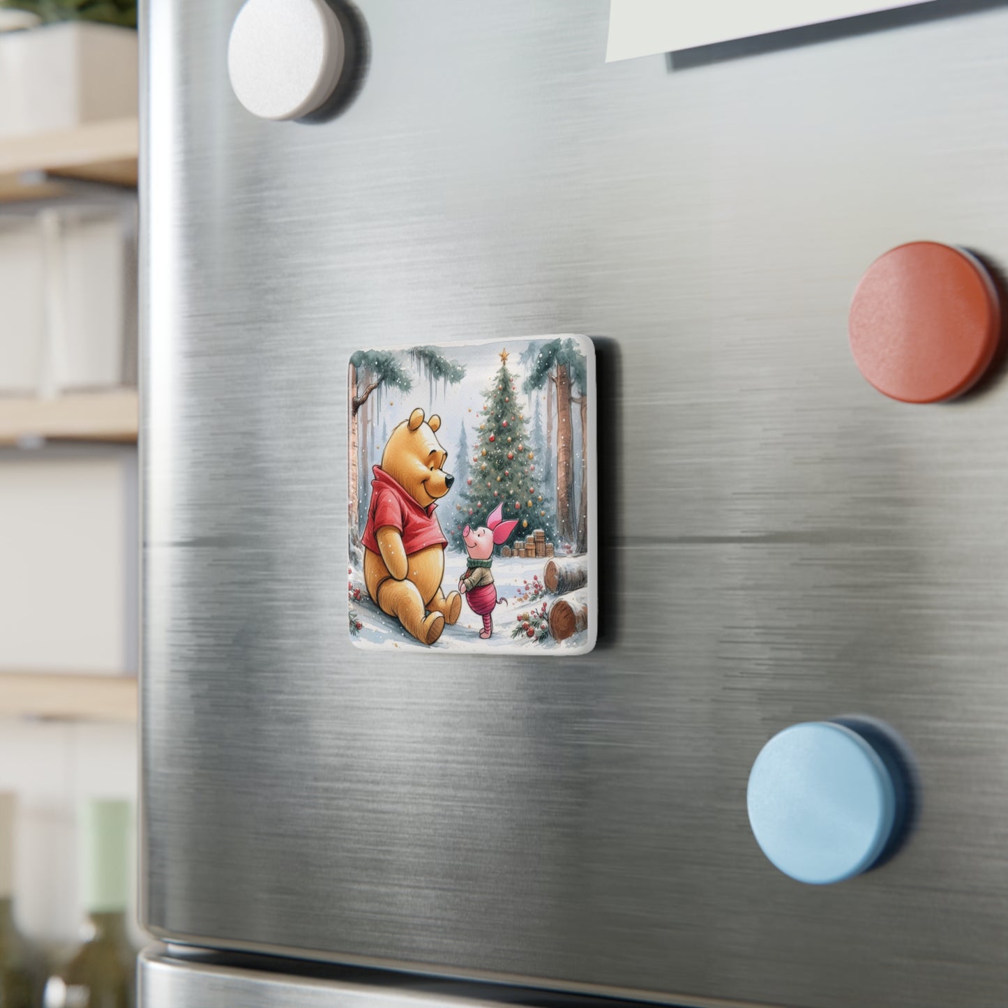 Porcelain Magnet, Disney Christmas Decor, Winnie the Pooh and Piglet Holiday Gift, Stocking Stuffer, Fridge Magnet, Disney Collectible